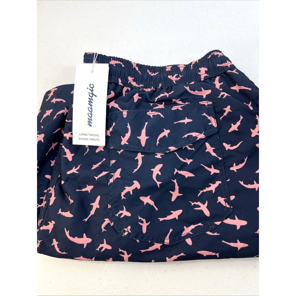 Maamgic Men's Blue with Pink Shark Lined Swim Trunks Pockets Size 2XL
